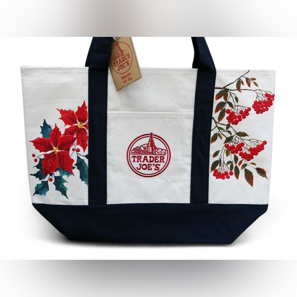 Hand Painted Trader Joe Canvas Christmas Tote Bag with Poinsettia and Red Berry - Picture 2 of 4